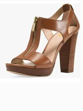 FSJ Brown Peep Open Toe T-Strap Front Zipper Chunky Stacked High Heel Sandal